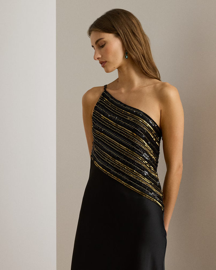 Lauren Ralph Lauren Beaded Mesh & Satin One-Shoulder Gown | Black/Gold