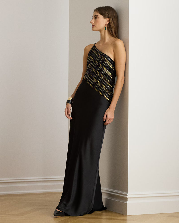Lauren Ralph Lauren Beaded Mesh & Satin One-Shoulder Gown | Black/Gold