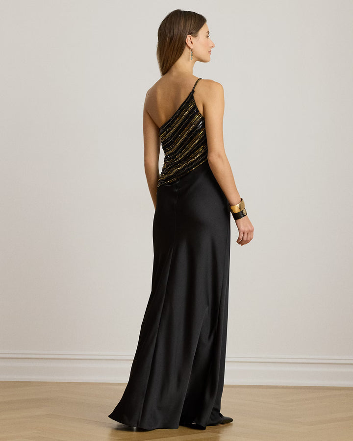 Lauren Ralph Lauren Beaded Mesh & Satin One-Shoulder Gown | Black/Gold