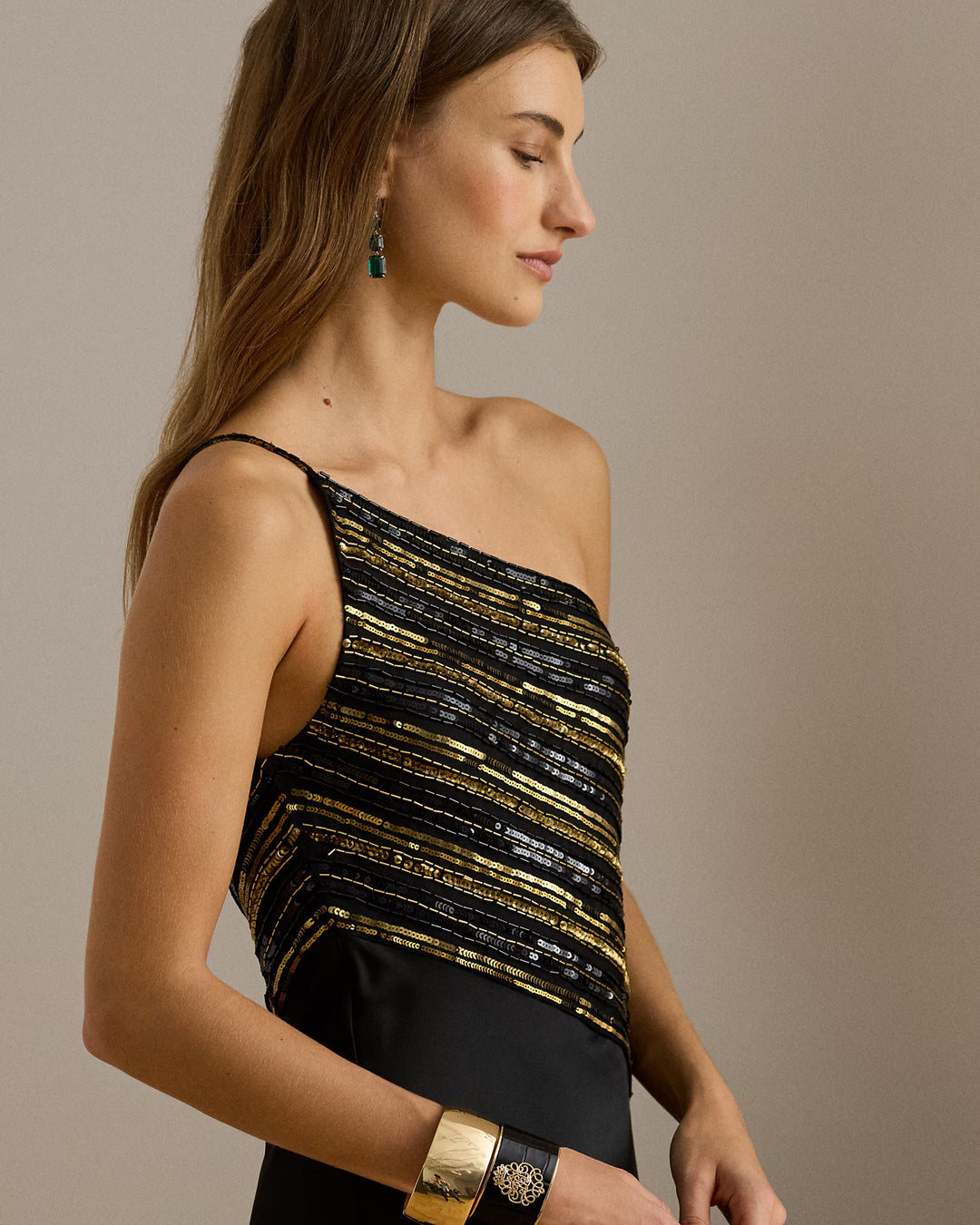 Lauren Ralph Lauren Beaded Mesh & Satin One-Shoulder Gown | Black/Gold