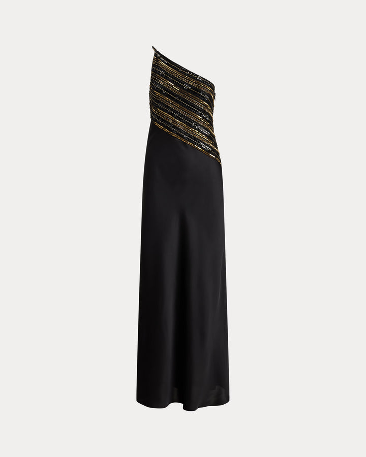 Lauren Ralph Lauren Beaded Mesh & Satin One-Shoulder Gown | Black/Gold