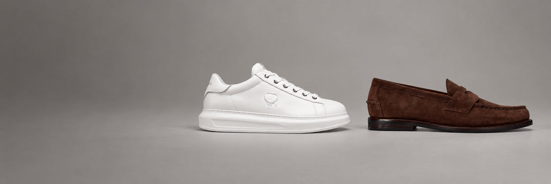 Men's shoes at GIANNOPOULOS: Karl Lagerfeld white Kapri sneakers and Ralph Lauren dark-brown Alston suede loafers, AW26/27