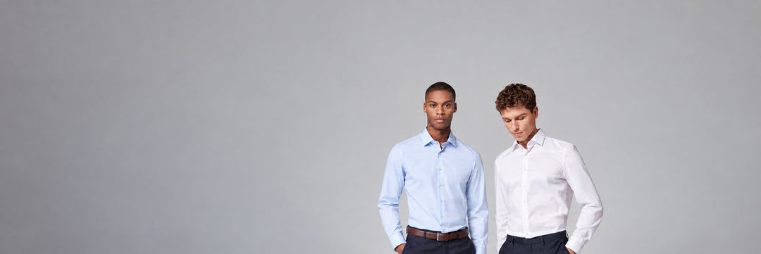 Men's shirts at GIANNOPOULOS: Roy Robson AW26/27 light-blue and white long-sleeve shirts