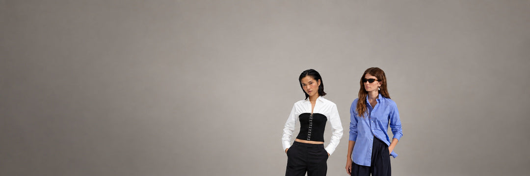 Women's shirts at GIANNOPOULOS: Karl Lagerfeld white poplin corset blouse and Ralph Lauren blue shirt, AW26/27