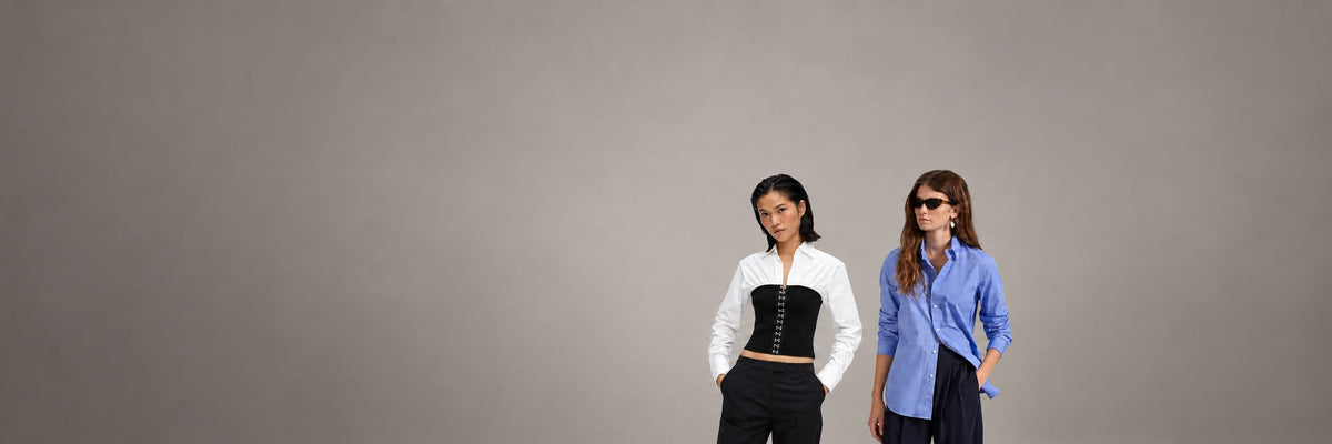 Women's shirts at GIANNOPOULOS: Karl Lagerfeld white poplin corset blouse and Ralph Lauren blue shirt, AW26/27