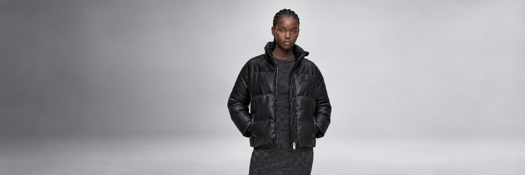 Karl Lagerfeld women collection with black faux-leather puffer jacket at GIANNOPOULOS