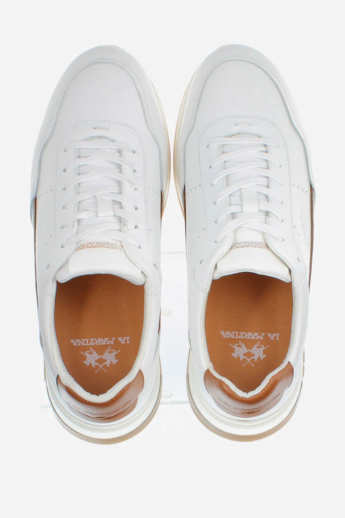 La Martina Men's Leather Trainers | White/Tan