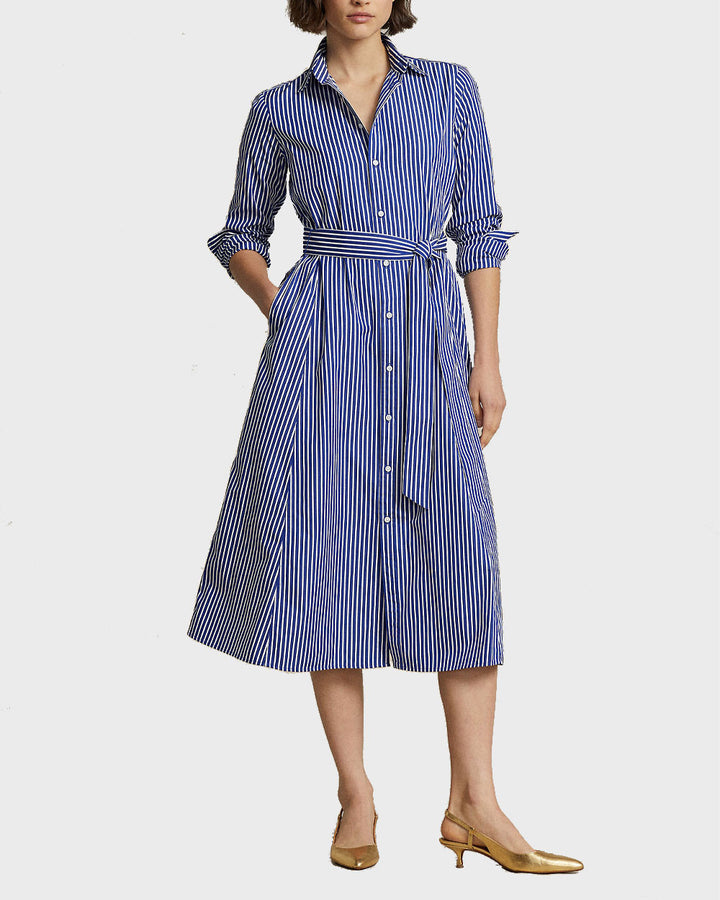 Ralph Lauren Belted Striped Cotton Shirtdress | Navy/White
