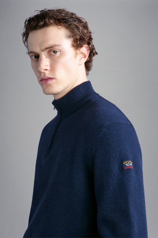 Paul & Shark Re-Wool Shetland Πουλόβερ με Φερμουάρ και Σήμα | Σκούρο Μπλε