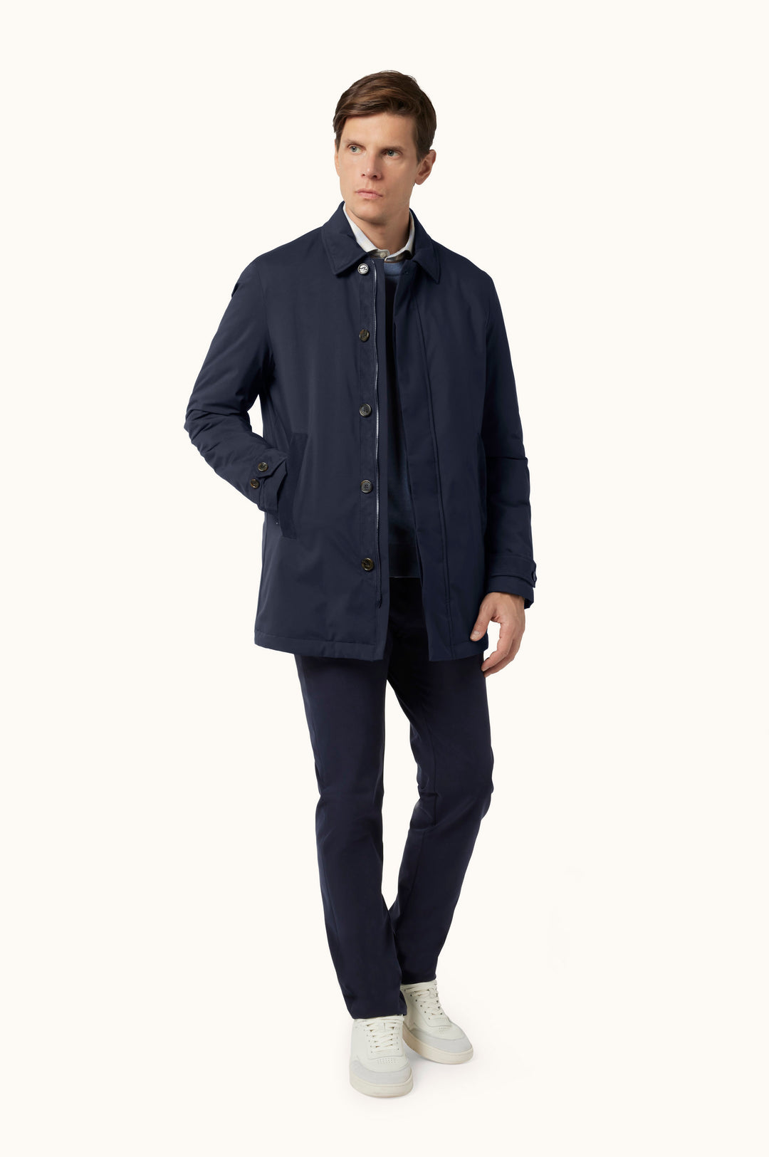 Car coat Paul &amp; Shark Typhoon Platinum blu navy, vista a figura intera indossata