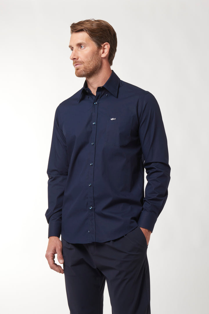 Paul &amp; Shark Wintertime Cotton Poplin Shirt with Contrast Metal Shark | Navy