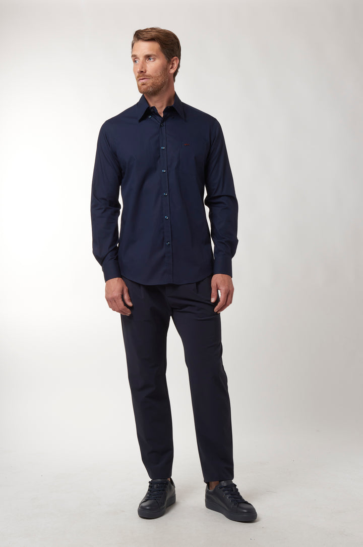 Paul &amp; Shark Wintertime Cotton Poplin Shirt with Contrast Metal Shark | Navy