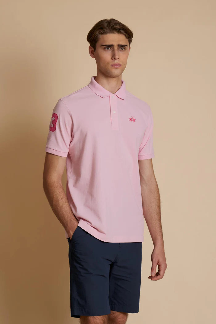 Polo de piqué elástico para hombre de La Martina con número en la manga | Rosa de cuento de hadas