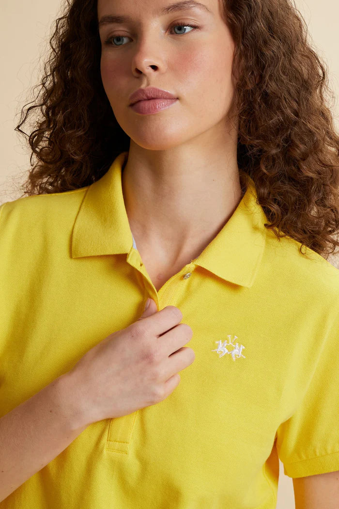La Martina Women’s Stretch Piqué Polo with Under-collar Lettering | Empire Yellow