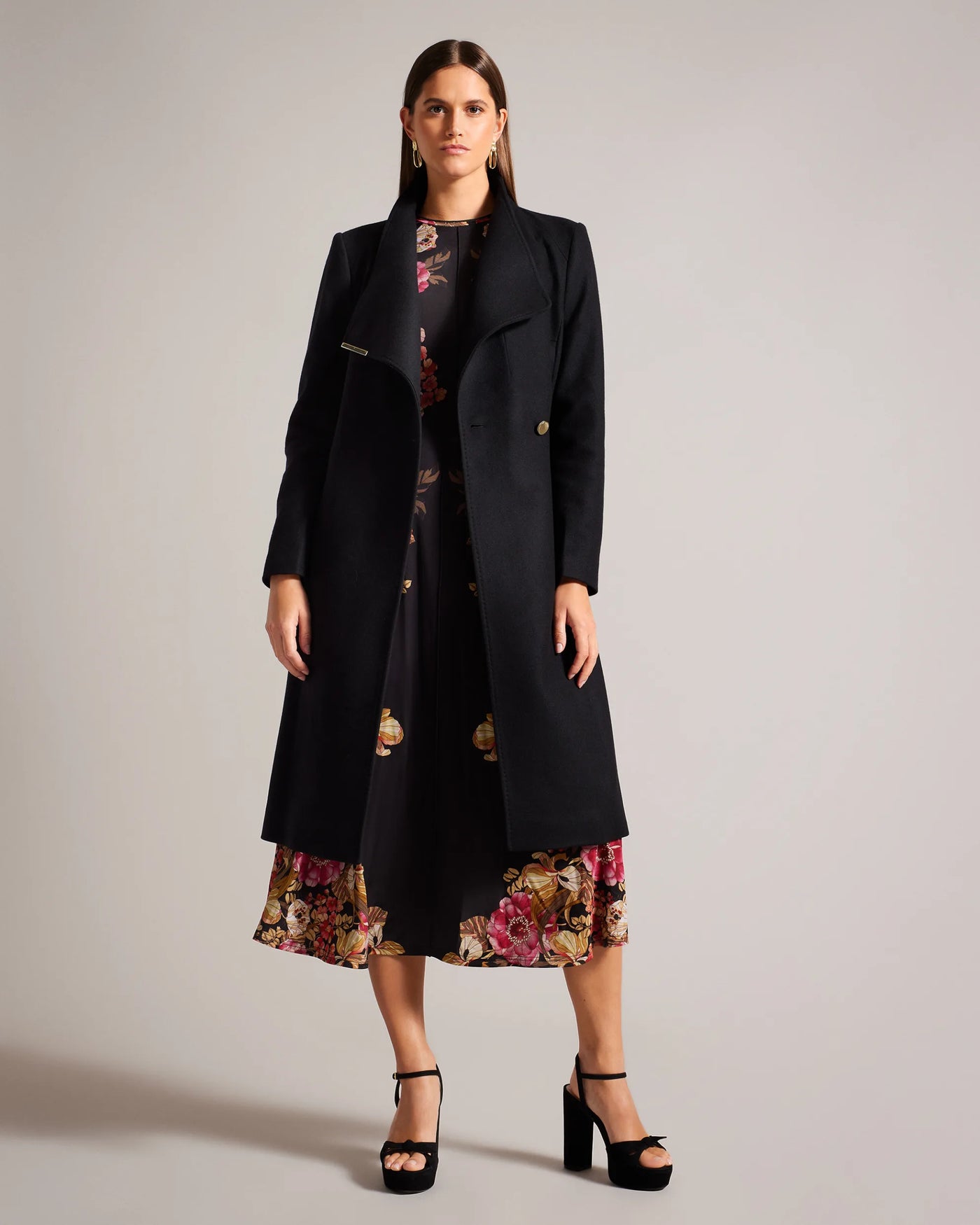 Ted Baker Rose Wool Wrap Midi Coat | Black