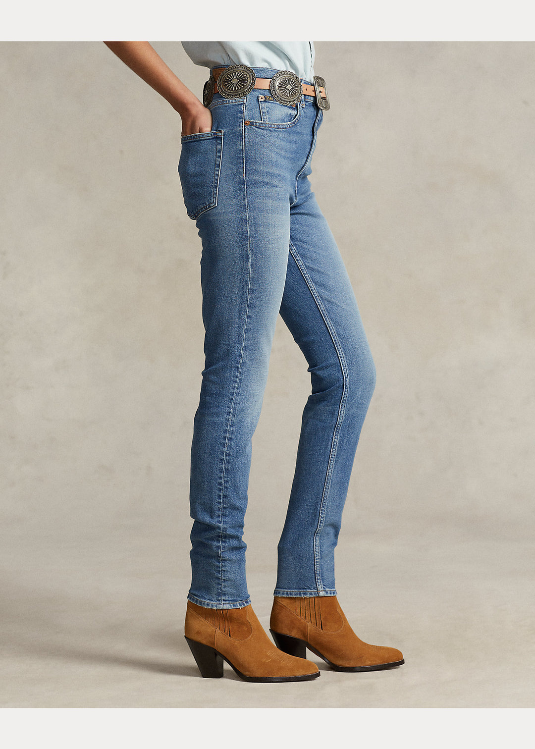 Ralph Lauren Tompkins High-Rise Skinny Jean in Antares Wash – lifestyle view