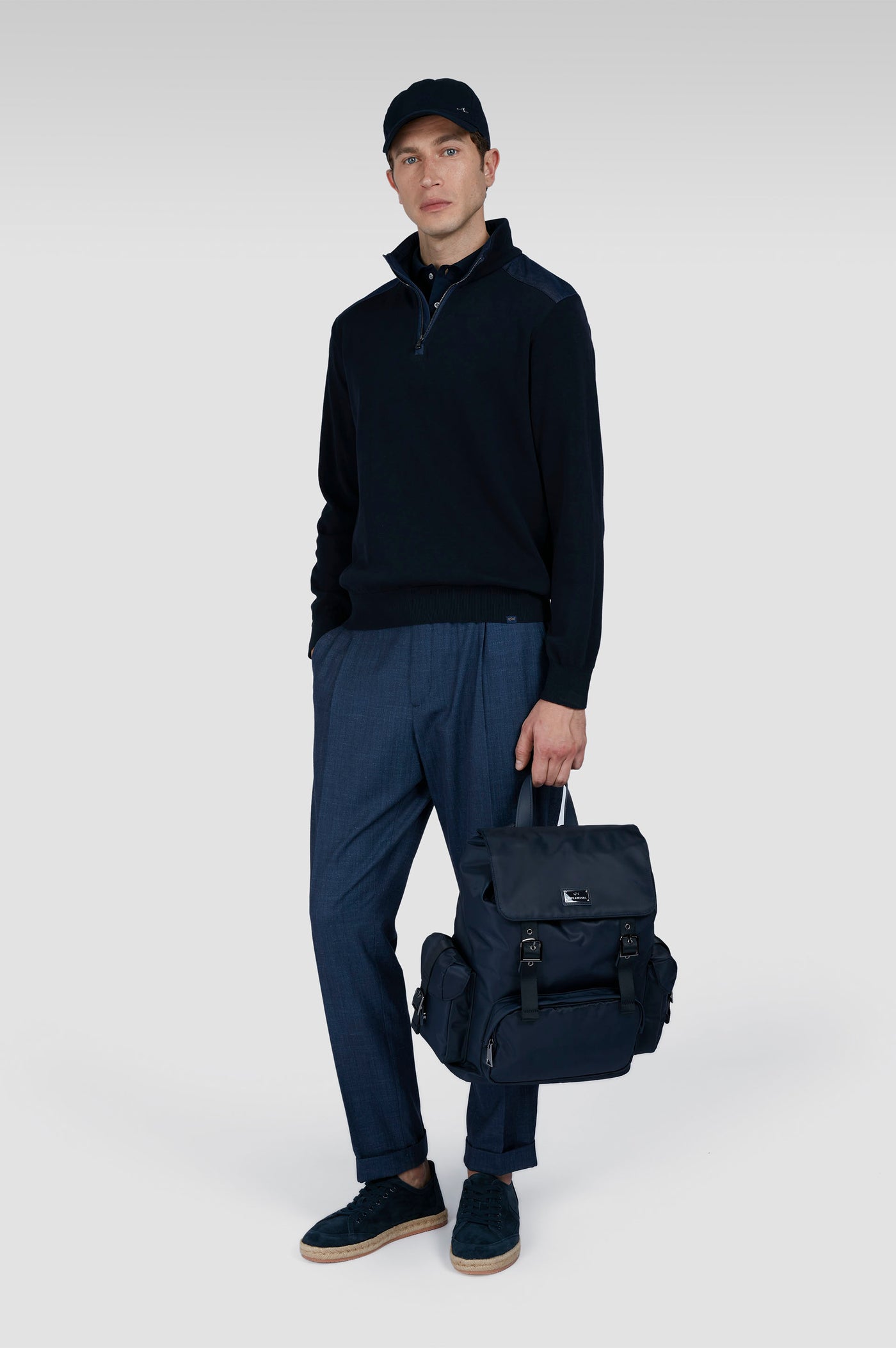 Paul & Shark Utility Nylon Backpack with Leather Trim | Navy