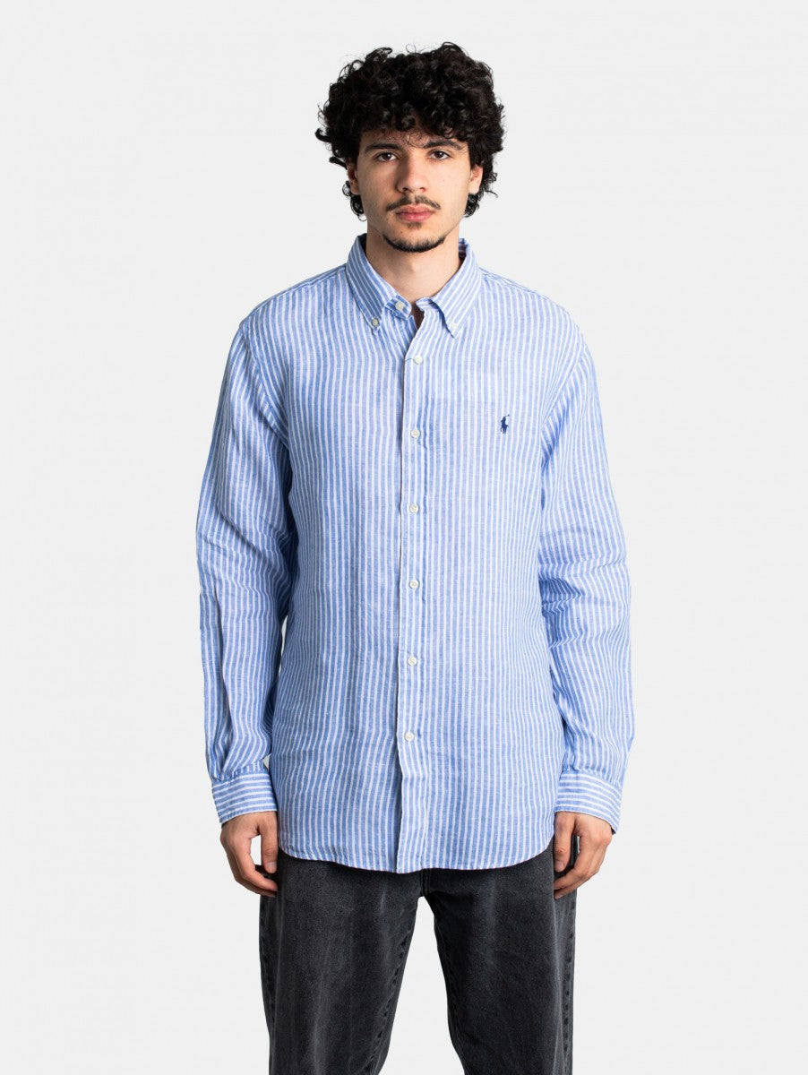 Ralph Lauren Custom Fit Striped Linen Shirt in Blue/White – lifestyle view