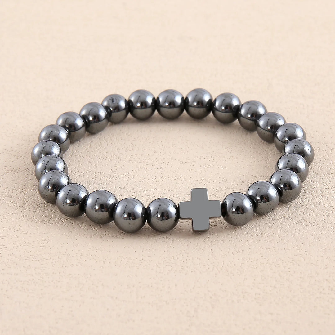 Pulsera de piedra natural «Never Needy Cross»: Plata