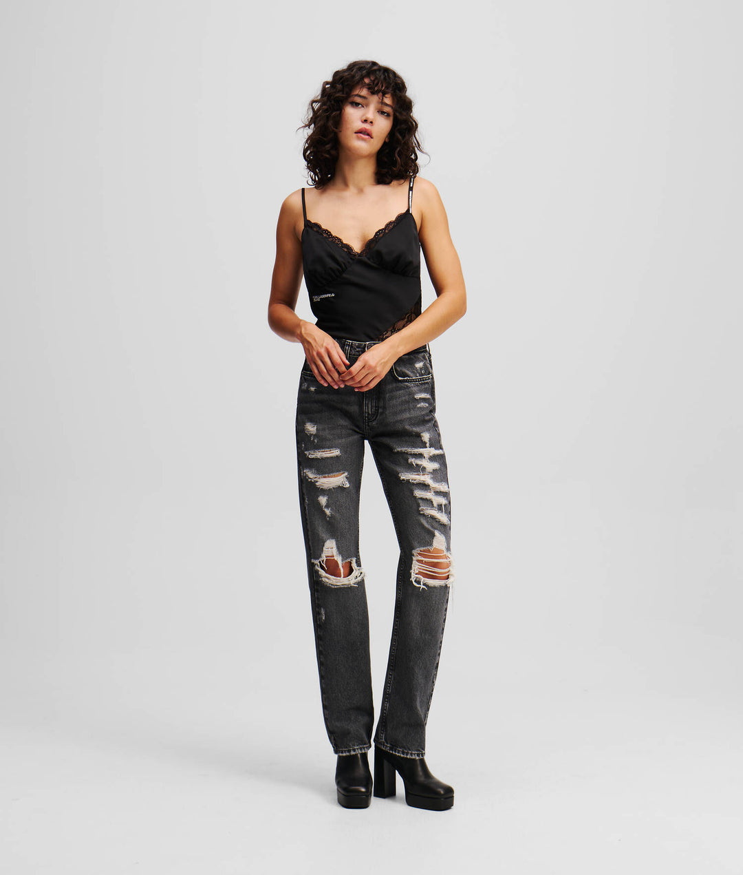 Jeans a vita alta dritti con effetto consumato di Karl Lagerfeld: Nero – vista prodotto