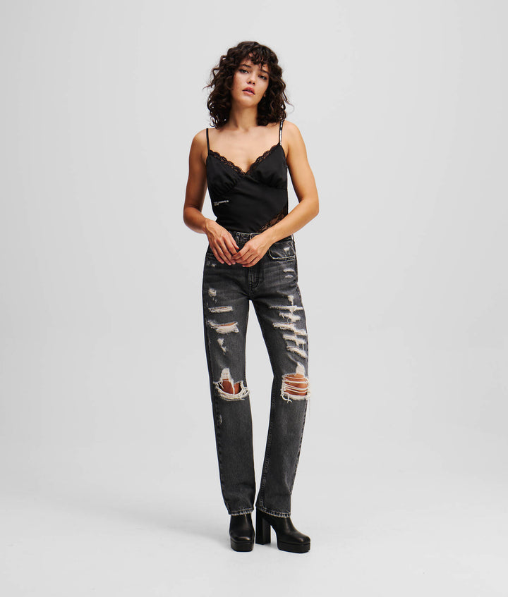 Jeans a vita alta dritti con effetto consumato di Karl Lagerfeld: Nero – vista prodotto