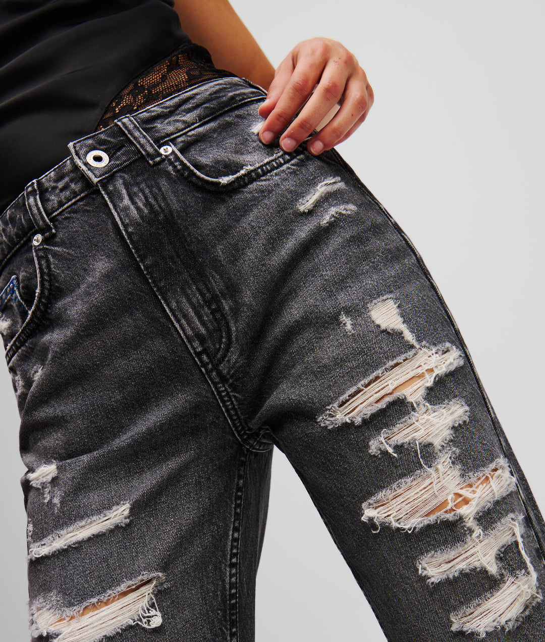 Jeans a vita alta dritti con effetto consumato di Karl Lagerfeld: Nero – vista posteriore