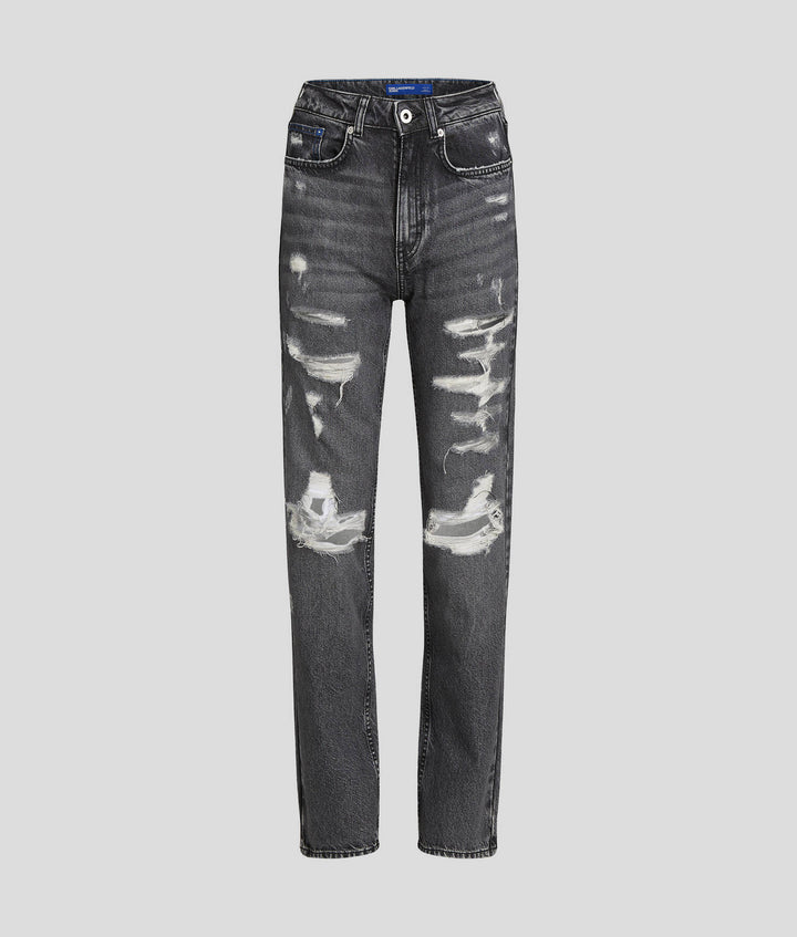 Jeans a vita alta dritti con effetto consumato di Karl Lagerfeld: Nero – vista dettaglio