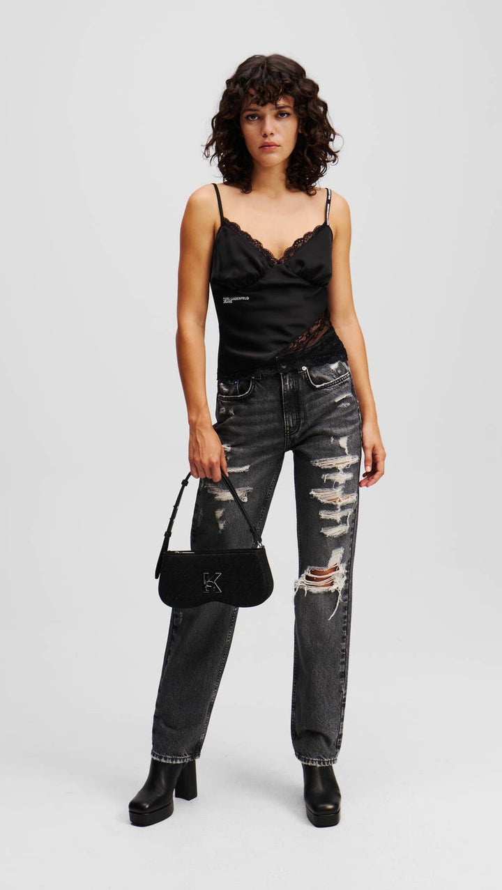 Jeans a vita alta dritti con effetto consumato di Karl Lagerfeld: Nero – vista prodotto