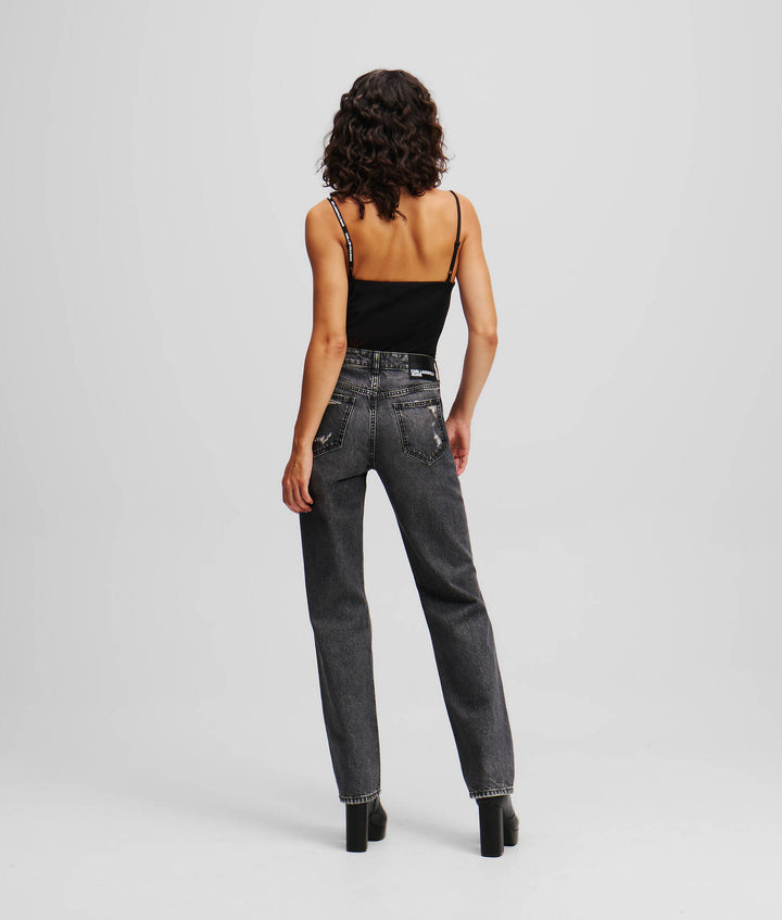 Jeans a vita alta dritti con effetto consumato di Karl Lagerfeld: Nero – vista laterale