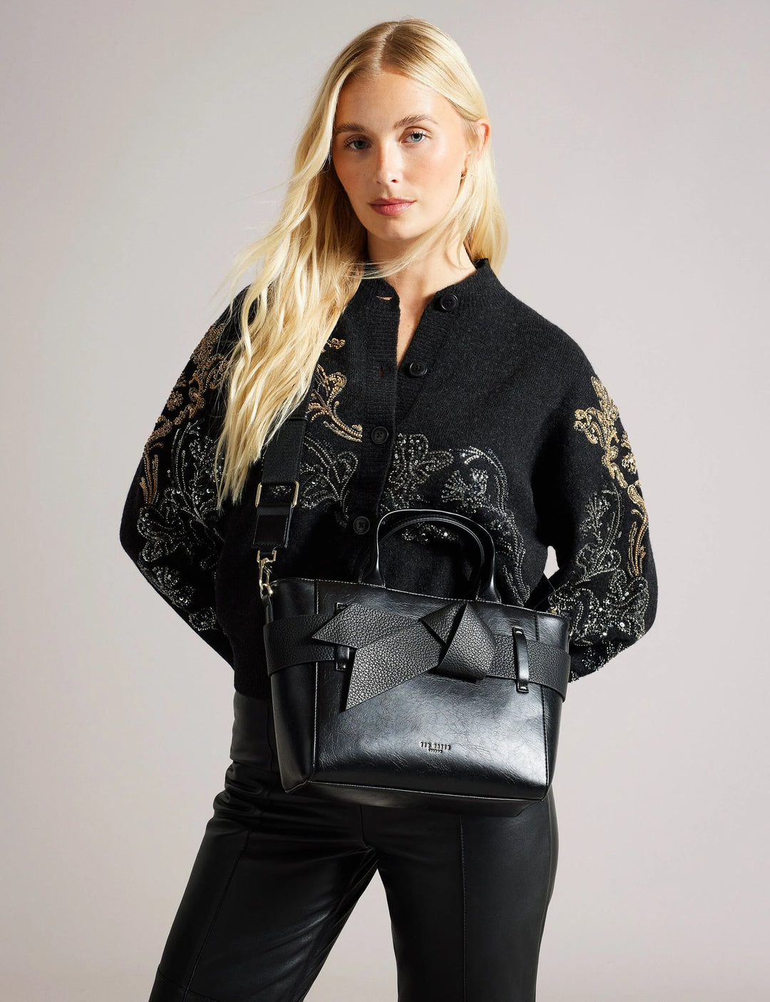 Ted Baker Jimsa Knot Bow Faux Leather Crossbody Tote Bag | Jet Black