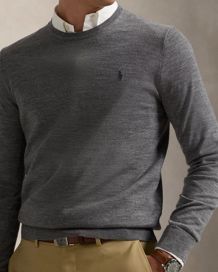 Ralph Lauren 修身款可机洗羊毛圆领毛衣，灰色 – 其他角度