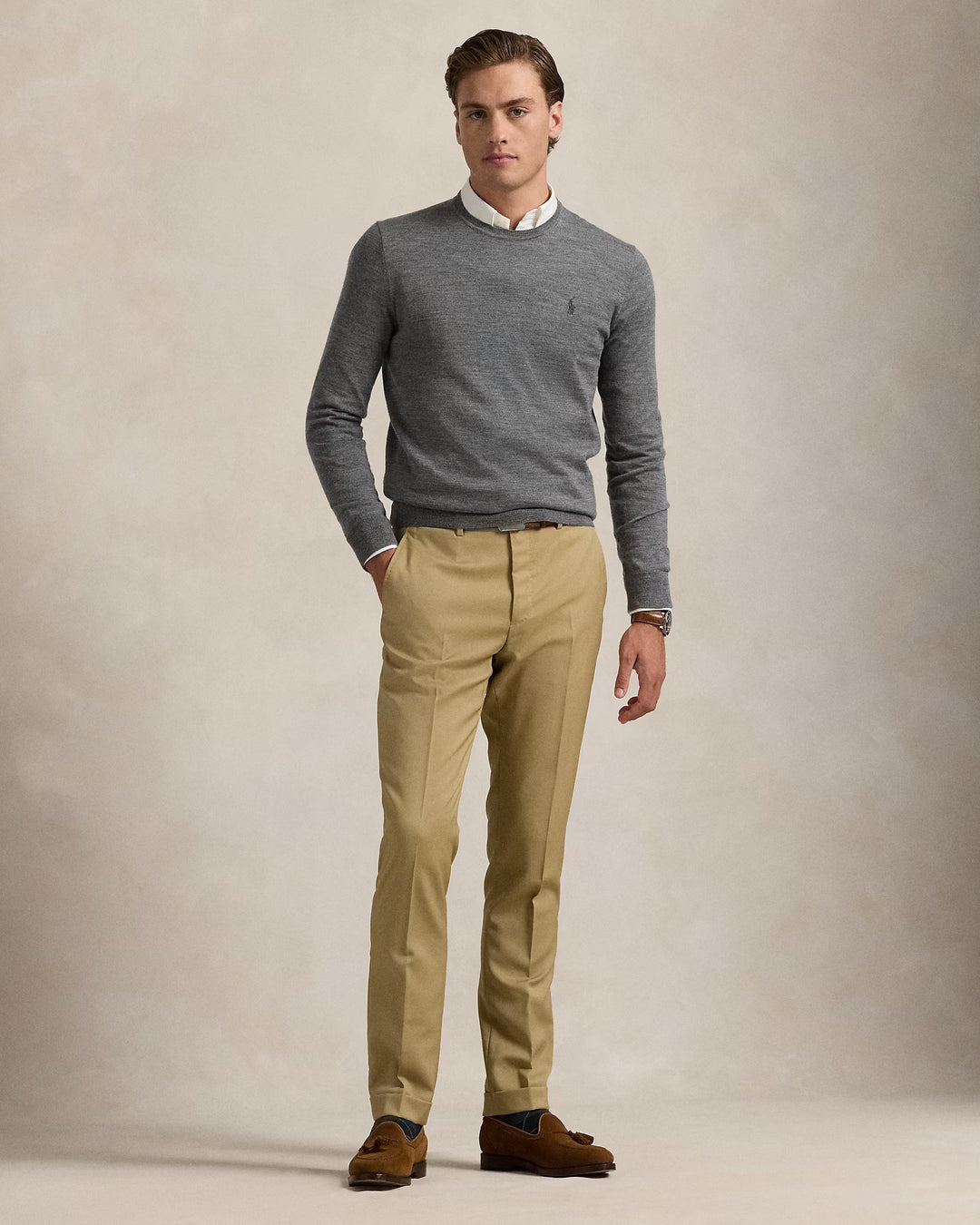 Ralph Lauren 修身款可机洗羊毛圆领毛衣，灰色 – 其他角度