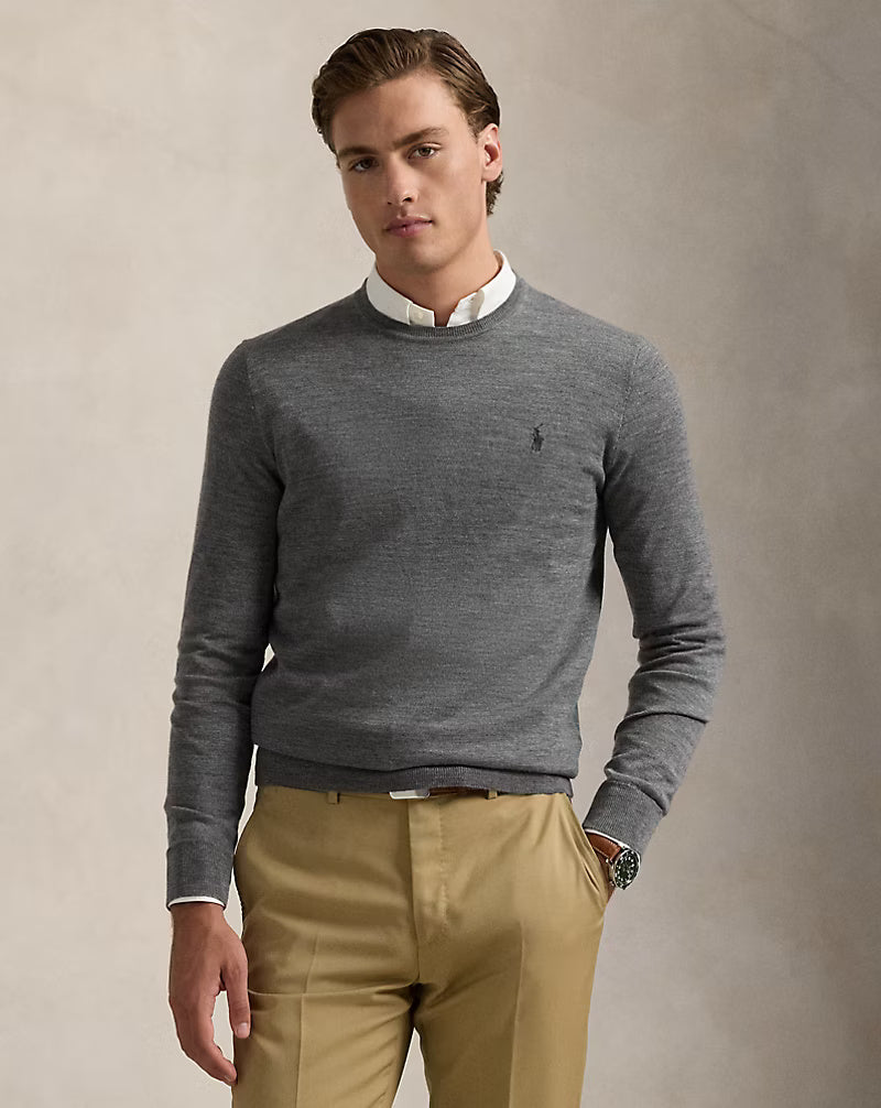 Ralph Lauren 修身款可机洗羊毛圆领毛衣，灰色