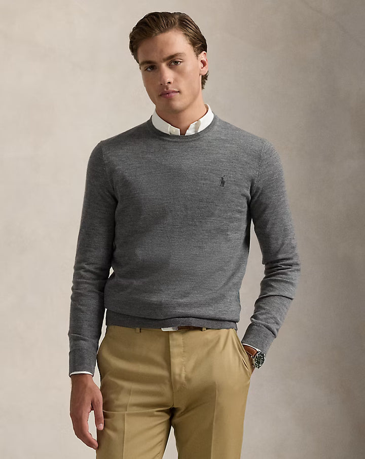 Ralph Lauren 修身款可机洗羊毛圆领毛衣，灰色