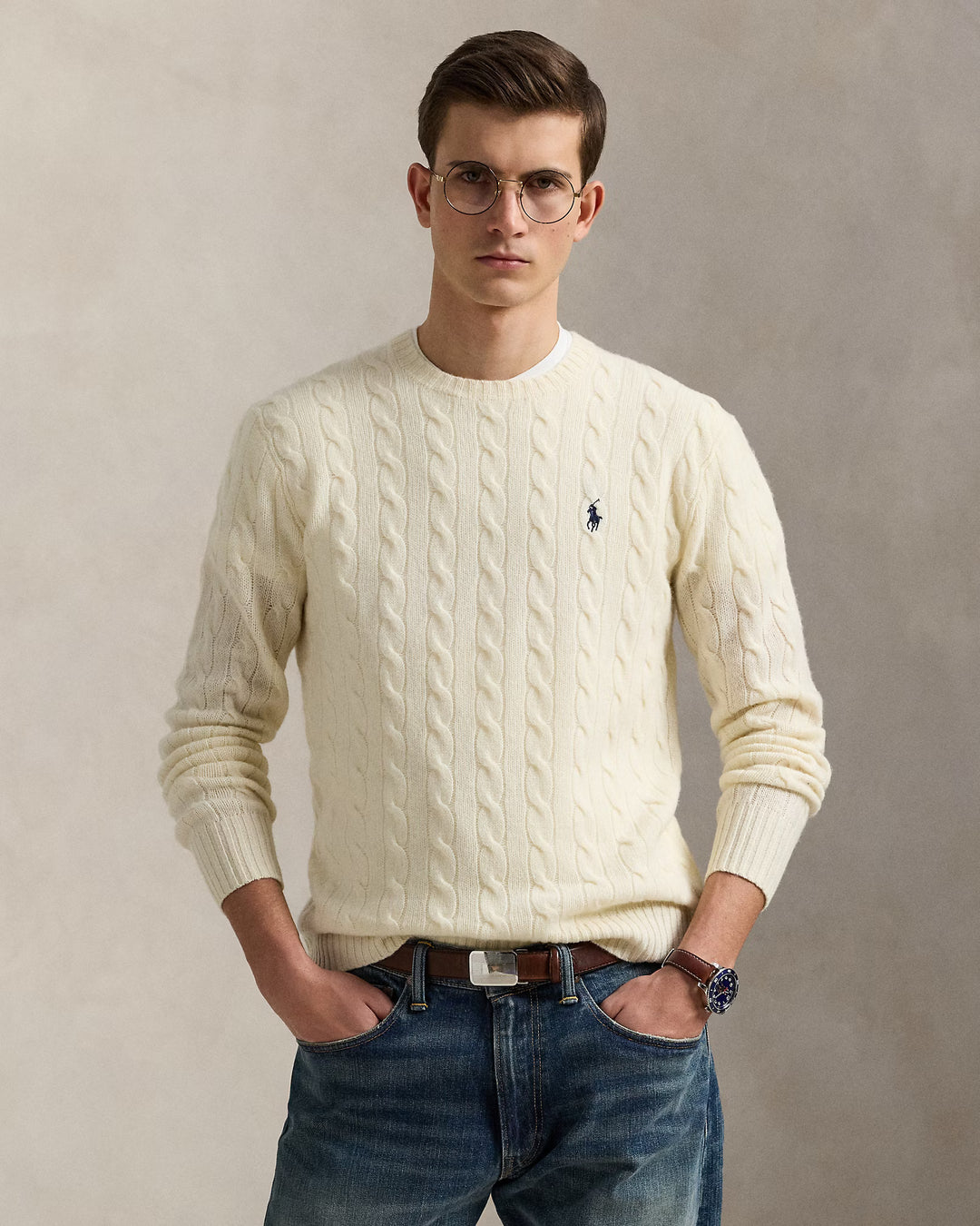 Ralph Lauren men's Cable-Knit Wool-Cashmere Jumper in Cream