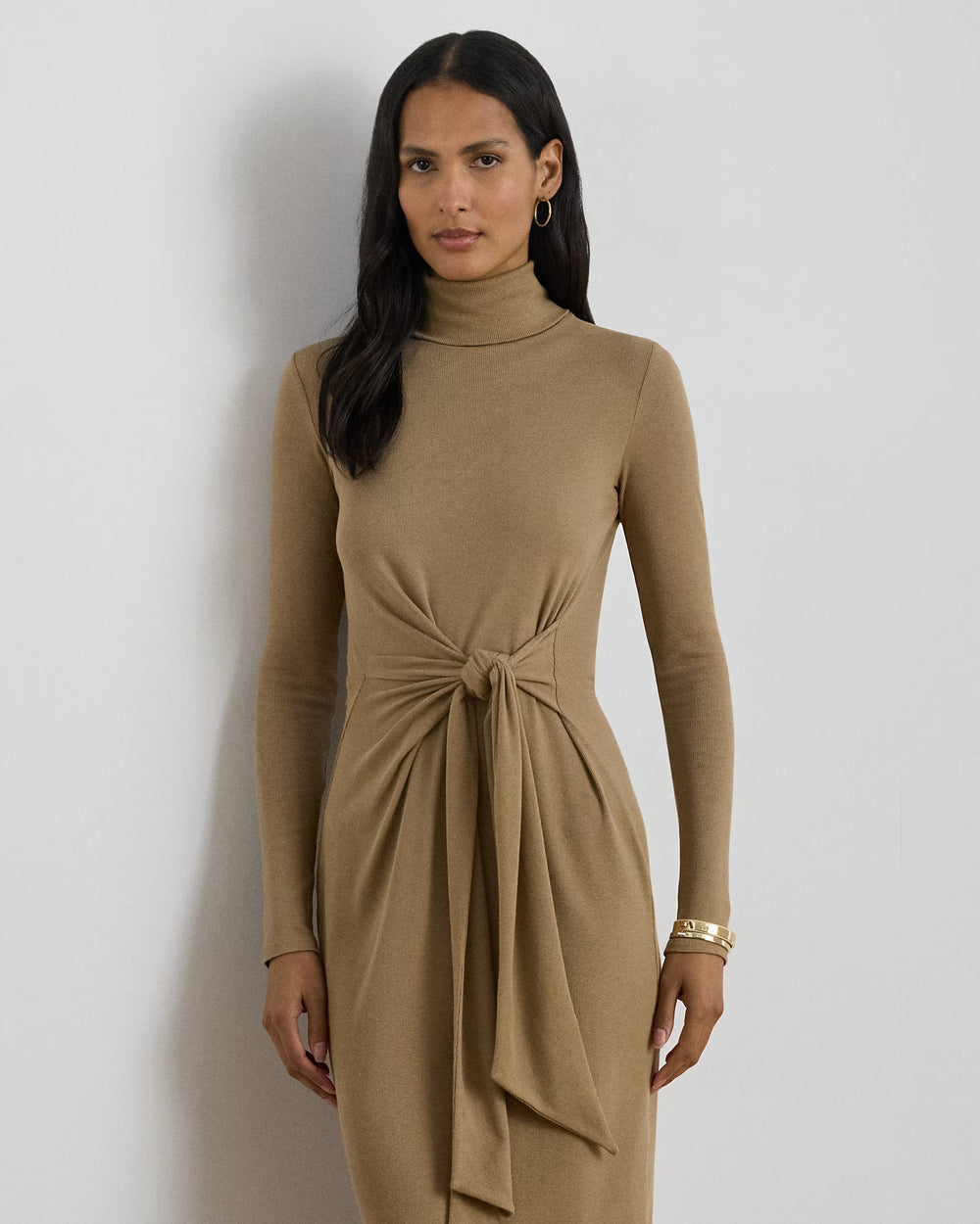 Lauren Ralph Lauren women's Tie-Front Roll Neck Dress in Camel – alternate view