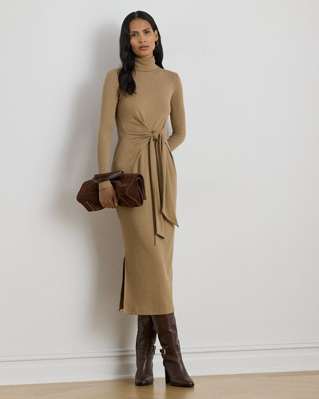 Lauren Ralph Lauren women's Tie-Front Roll Neck Dress in Camel