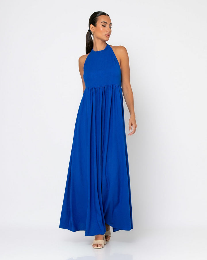 Vestido largo sin costuras con lazo al cuello: Azul cobalto