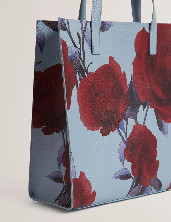 Ted Baker 玫瑰印花 PU 大号标志托特包，中蓝色 – 其他角度