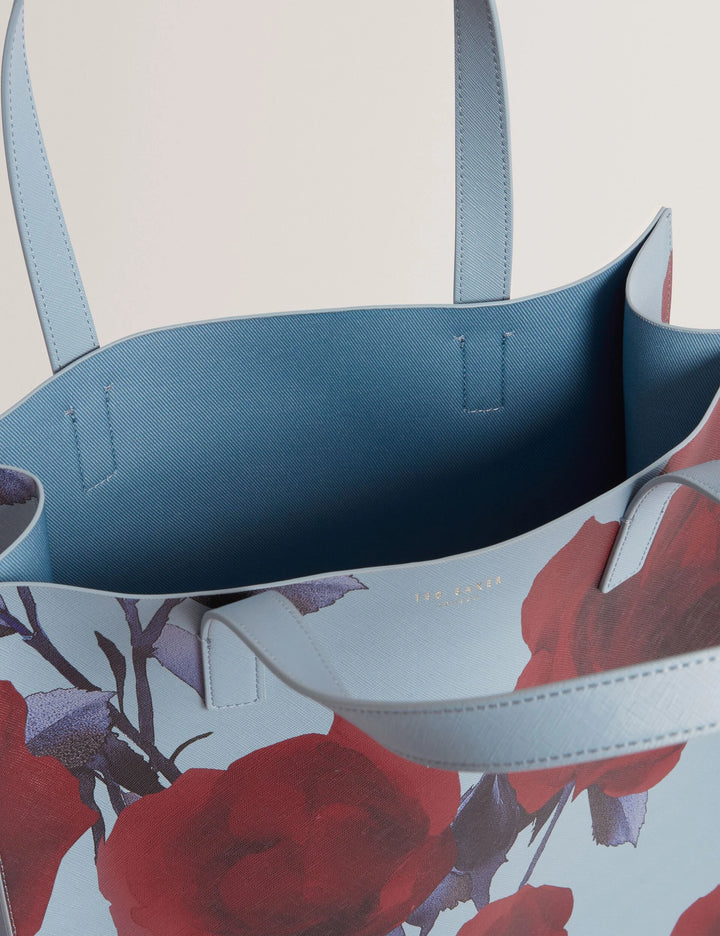 Ted Baker 玫瑰印花 PU 大号标志托特包，中蓝色 – 其他角度