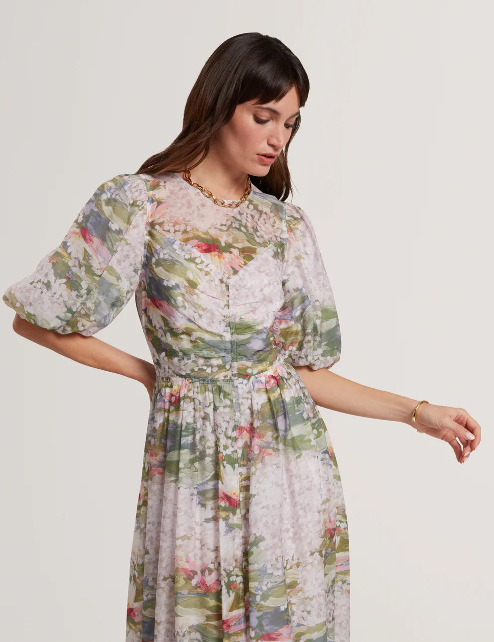 Φόρεμα μέσου μήκους Ted Baker Jonora με Φουσκωτά: Πολύχρωμο ροζ – εναλλακτική όψη