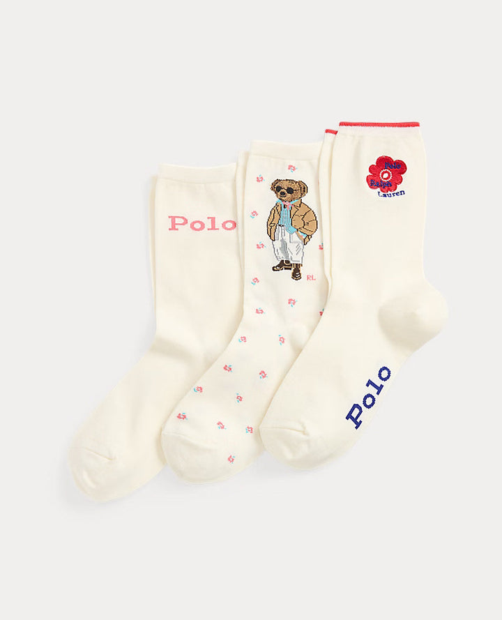 Ralph Lauren Polo Bear Crew 女款短袜3双装象牙白礼盒