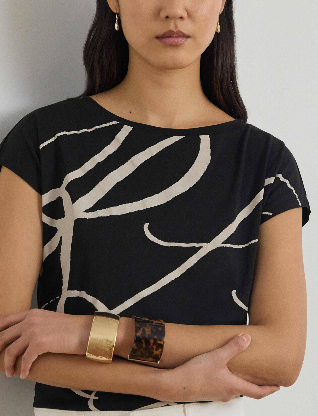 Lauren Ralph Lauren 印花棉混纺上衣，黑色 – 其他角度