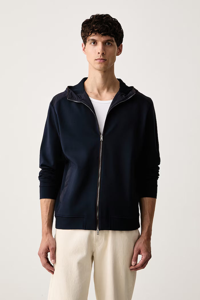 Paul &amp; Shark Felpa con Cappuccio in Viscosa Stretch con Dettagli Alcantara: Blu Navy