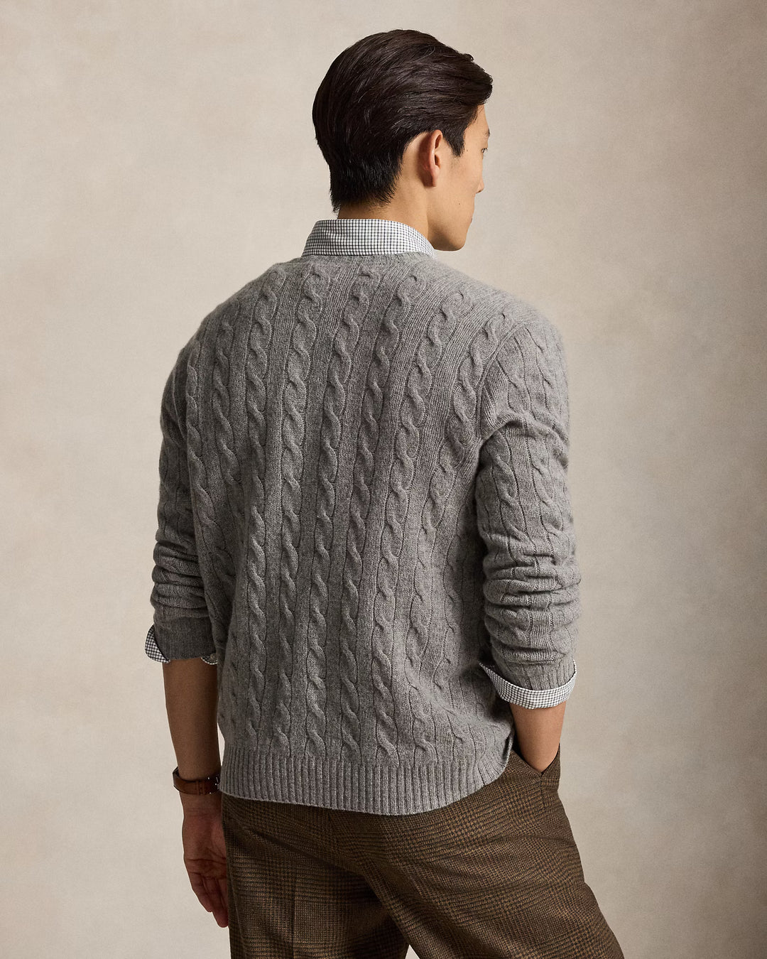 Ralph Lauren 羊毛羊绒绞花圆领针织衫 | 灰色 – 产品视图 02