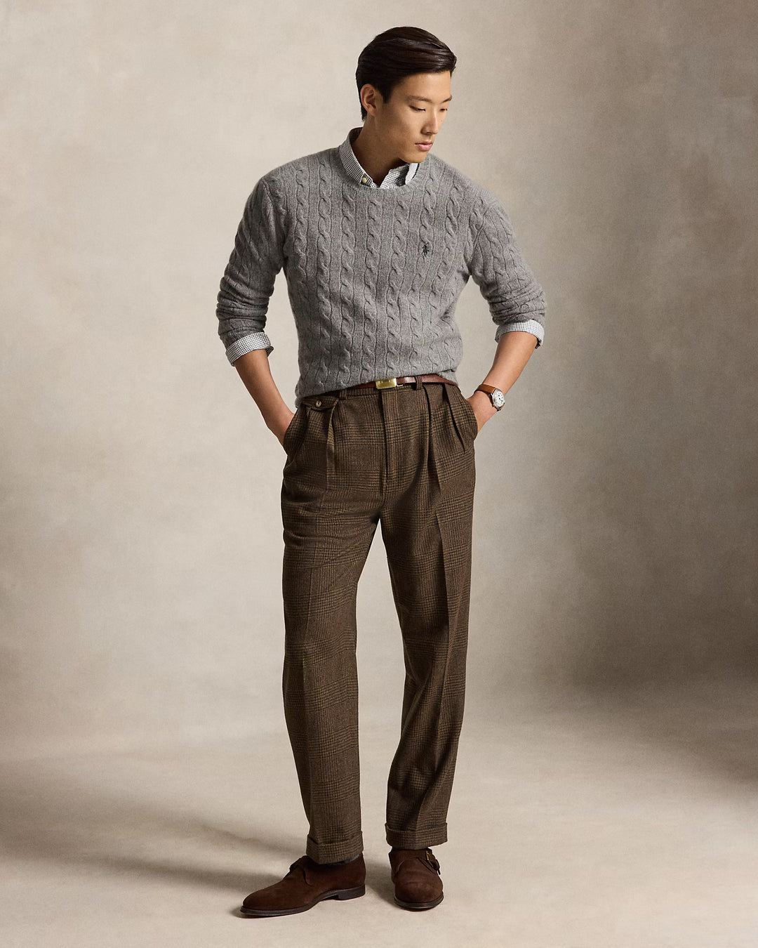 Ralph Lauren 羊毛羊绒绞花圆领针织衫 | 灰色 – 产品视图 06