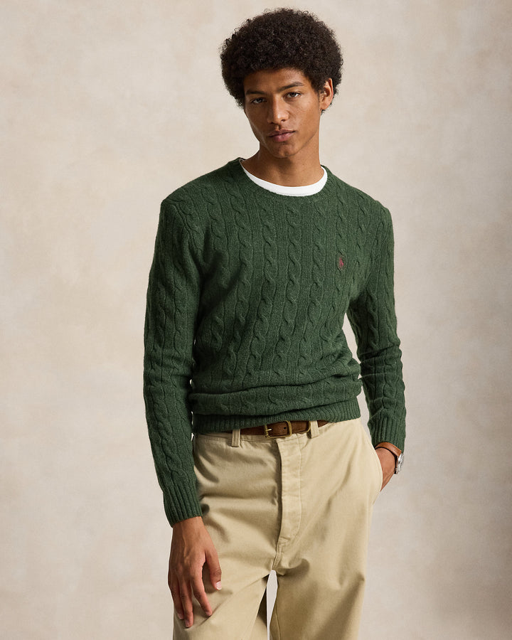 Ralph Lauren Πουλόβερ με πλεξούδες από μαλλί και κασμίρ, Πράσινο μελανζέ, εμπρός όψη σε μοντέλο