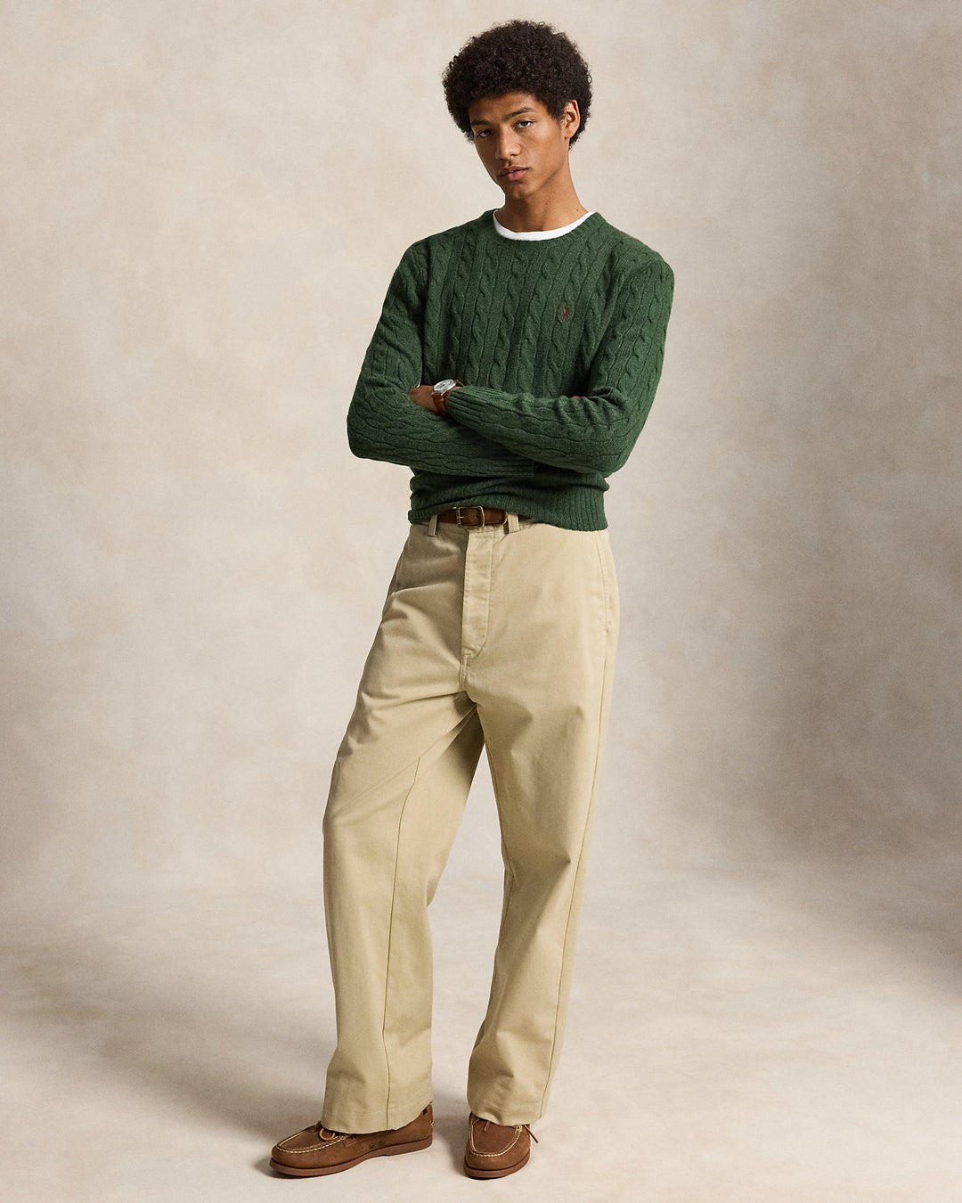 Ralph Lauren Πουλόβερ με πλεξούδες από μαλλί και κασμίρ, Πράσινο μελανζέ, ολόσωμη εμφάνιση σε μοντέλο