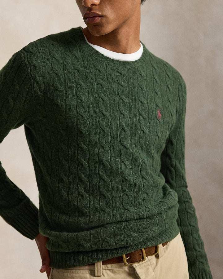Ralph Lauren Πουλόβερ με πλεξούδες από μαλλί και κασμίρ, Πράσινο μελανζέ, κοντινή λεπτομέρεια