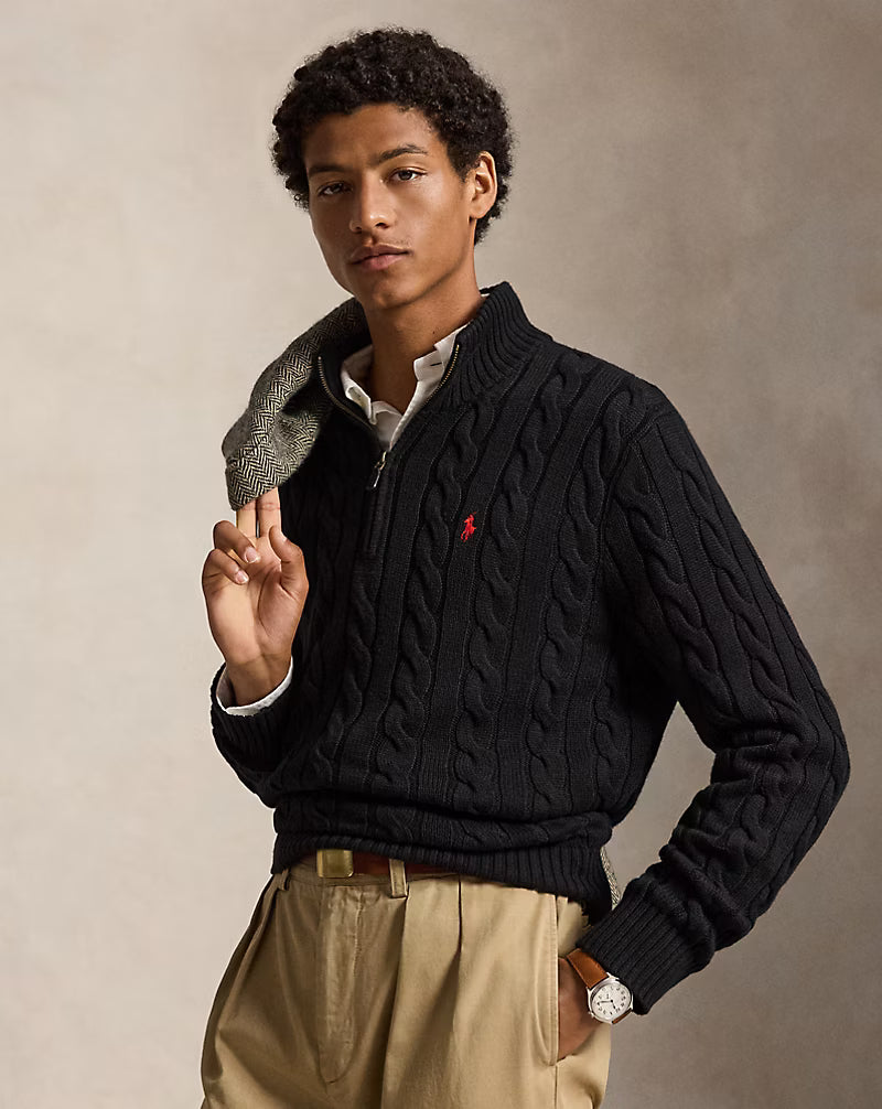 Ralph Lauren Pull torsadé en coton à col zippé | Noir – vue du produit 01